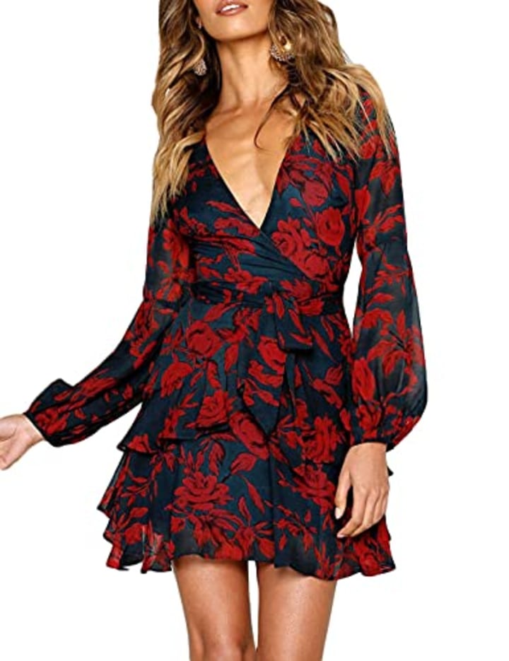 UGUEST Women Long Sleeve V Neck Dress Floral Mini Swing Party Wedding Dress with Belt Charcoal Red M