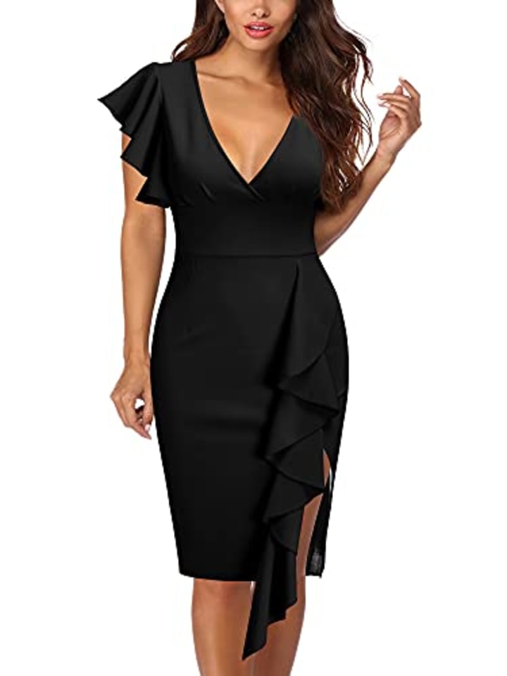 Knitee Women&#039;s Deep-V Neck Ruffle Sleeves Cocktail Party Pencil Slit Formal Dress (A-Black, Small)
