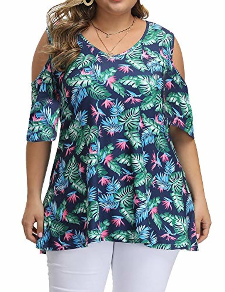 ALLEGRACE Women&#039;s Plus Size Floral Printing Cold Shoulder Tunic Top Short Sleeve V Neck T Shirts P38 Dark Banana Leaf Dark Blue 3X