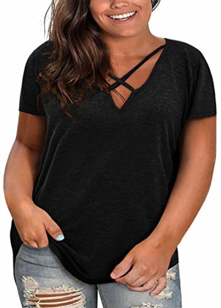 Womens Plus Size Tops Summer Short Sleeve V Neck T Shirts Sexy Criss Cross T-Shirt Casual Loose Cotton Tees Black