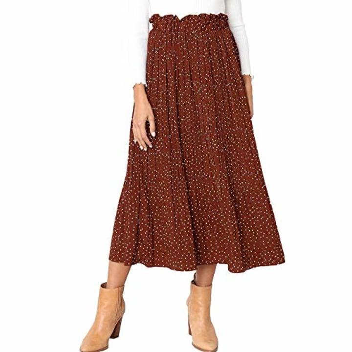Exlura Womens High Waist Polka Dot Pleated Skirt Midi Swing Skirt with Pockets Coffee Medium