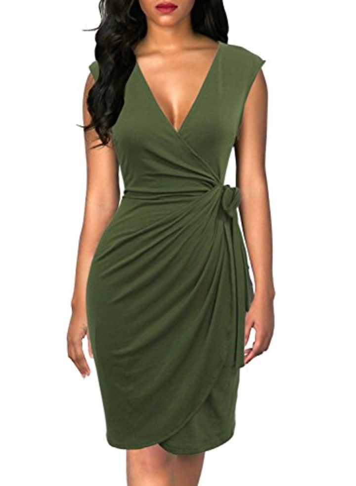 Berydress Women&#039;s Classic Cocktail Party Cap Sleeve Deep V Neck Draped Waist Tie Belt Knee-Length Faux Wrap Dress (S, 6028-Army Green)