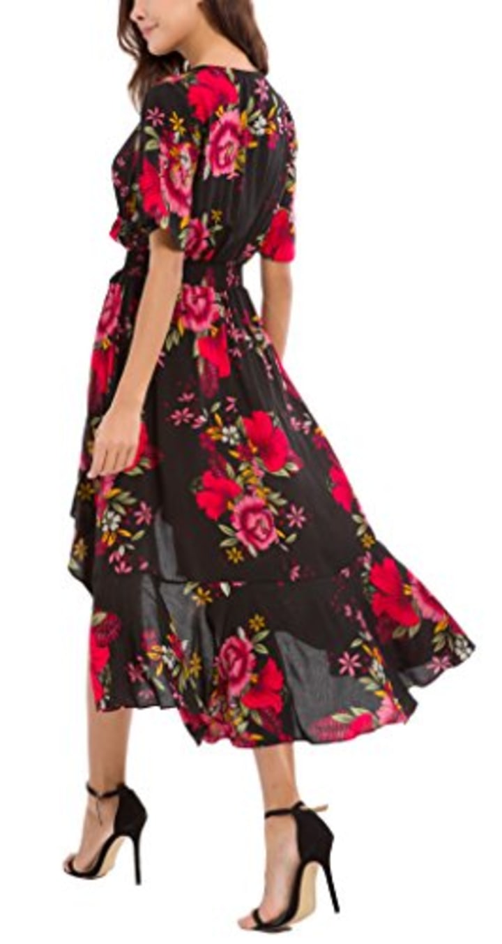 Kormei Womens Short Sleeve Floral High Low V-Neck Flowy Party Long Maxi Dress S Black&amp;Red