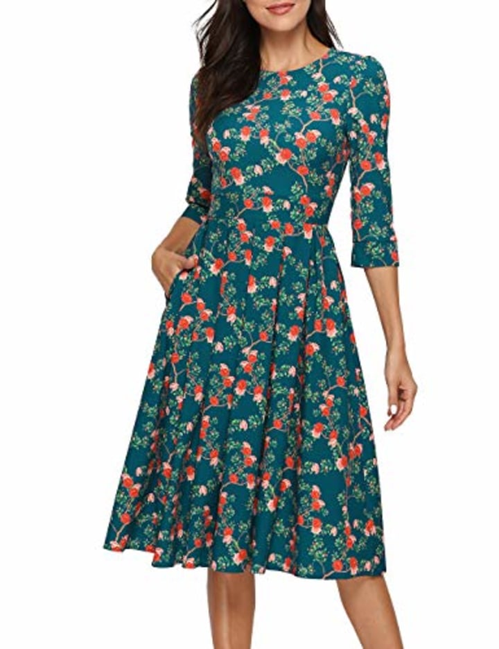Simple Flavor Women&#039;s Floral Vintage Dress Elegant Midi Evening Dress 3/4 Sleeves (3155MS, S)