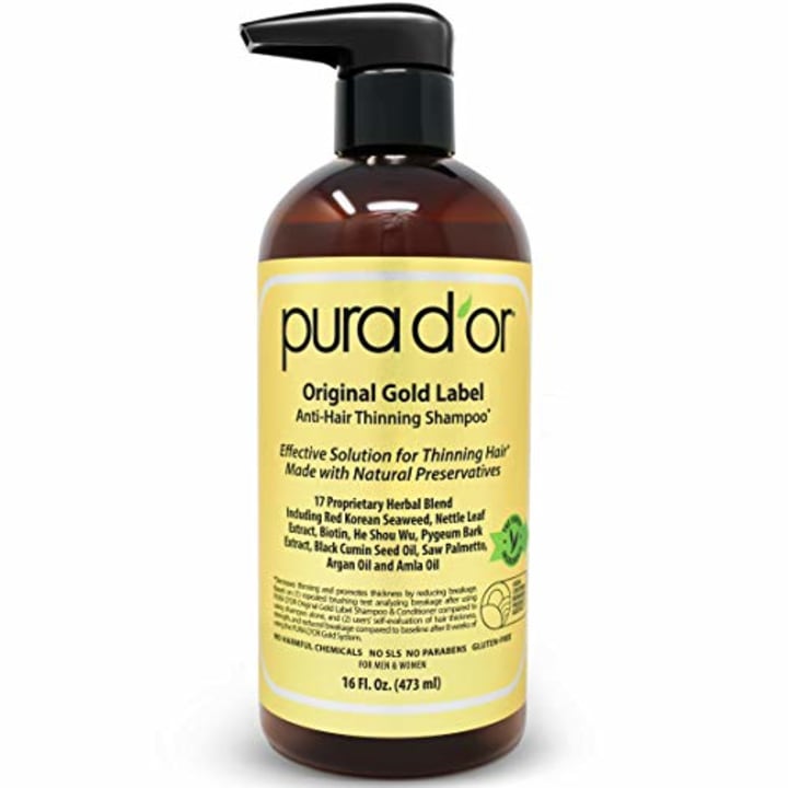 PURA D&#039;OR Original Gold Label Anti-Thinning Biotin Shampoo (16oz) w/ Argan Oil, Nettle Extract, Saw Palmetto, Red Seaweed, 17+ DHT Herbal Actives, No Sulfates, Natural Preservatives, For Men &amp; Women