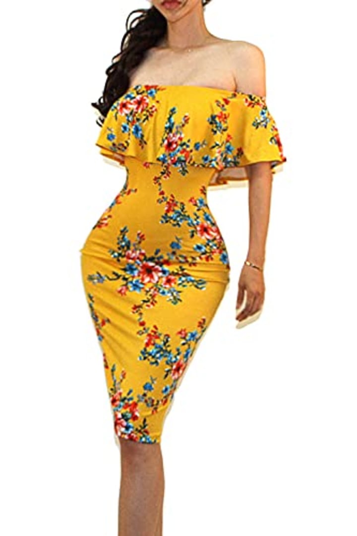 Vivicastle Women&#039;s USA Off Shoulder Ruffle Bodycon Fitted Midi Dress (Medium, D2, Multi)