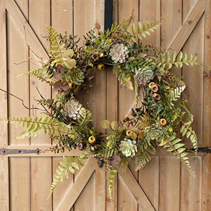 idyllic 22 Inches Wreath of Assorted Fern Leaves and Succulents Berry, Winter Spring Artificial Wreath for Wall, Window, Farmhouse