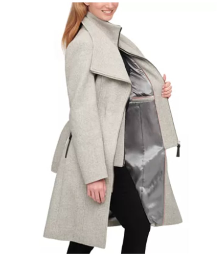 Calvin Klein Women's Faux-Leather Trim Belted Wrap Coat