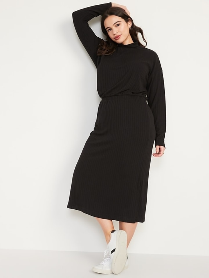 Waist-Defined Rib-Knit Turtleneck Long-Sleeve Dress for Women