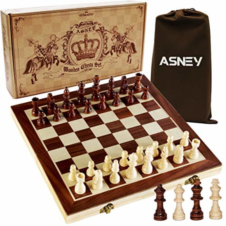 ASNEY Upgraded Magnetic Chess Set, 15&quot; Tournament Staunton Wooden Chess Board Game Set with Crafted Chesspiece &amp; Storage Slots for Kids Adult, Includes Extra Kings, Queens &amp; Carry Bag