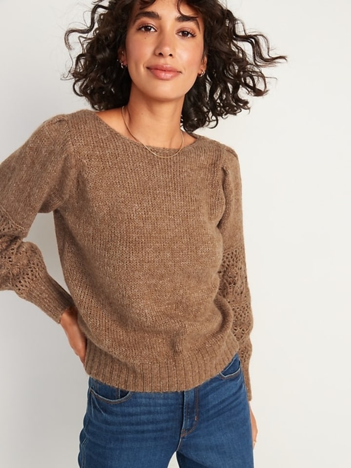 Boatneck Pointelle-Knit Pullover Sweater for Women