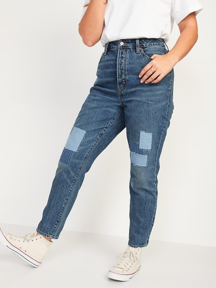 Higher High-Waisted Button-Fly O.G. Straight Patchwork Non-Stretch Jeans for Women