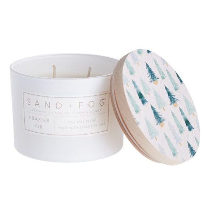 Sand + Fog(R) Frazier Fir 12 oz. Painted-Lid Jar Candle with Winter Trees Design in White