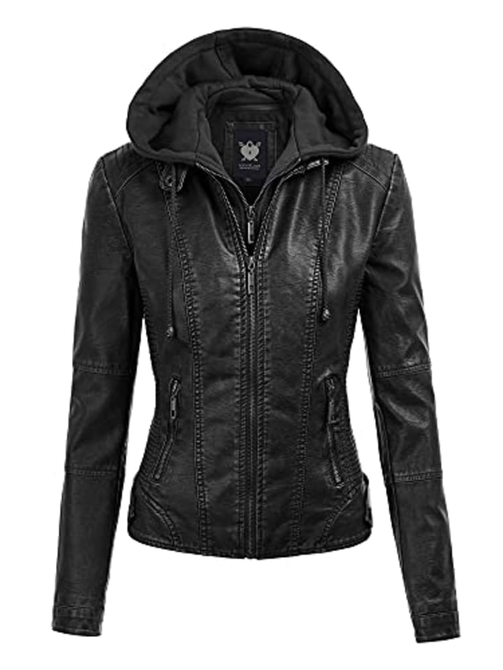Lock and Love LL WJC1044 Womens Faux Leather Quilted Motorcycle Jacket with Hoodie XXL Black