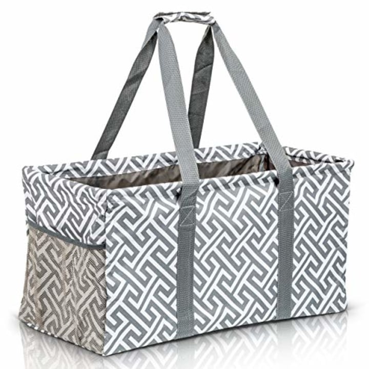 Extra Large Utility Tote Bag - Oversized Collapsible Reusable Wire Frame Rectangular Canvas Basket With Two Exterior Pockets For Beach, Pool, Laundry, Car Trunk, Storage - Geo Grey