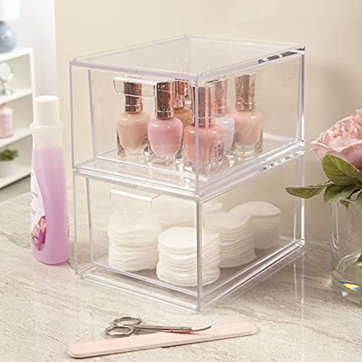STORi Audrey Stackable Cosmetic Organizer Drawers 4-1/2&quot; Tall | set of 2 Clear
