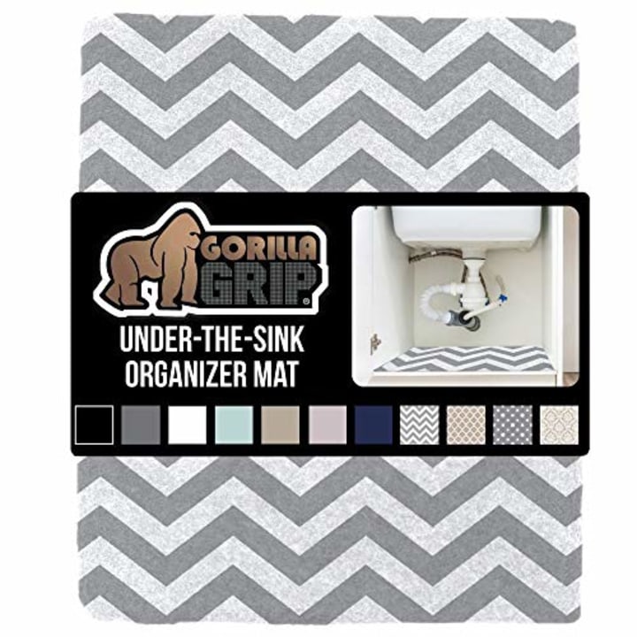 Gorilla Grip Reusable Waterproof Under Sink Mat Liner, 24x50, Slip Resistant, Non-Adhesive, Absorbent Mats for Below Sinks, Durable Shelf Liners Protect Cabinets, Machine Washable, Chevron Gray White