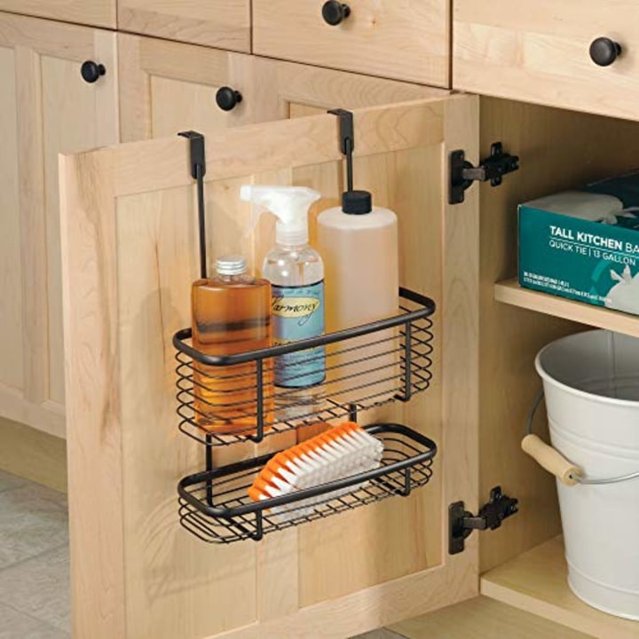 iDesign Axis Over the Cabinet 2-Tier Kitchen Storage Basket Organizer for Aluminum Foil, Sandwich Bags, Cleaning Supplies, Garbage Bags, Bath Supplies, 4&quot; x 11.1&quot; x 16.3&quot;, Bronze