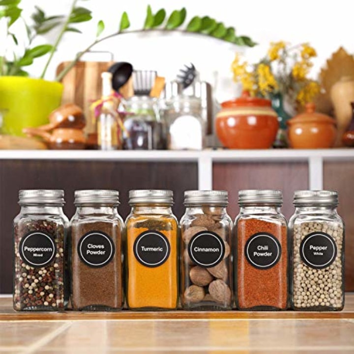 AOZITA 24 Pcs Glass Spice Jars/Bottles - 4oz Empty Square Spice Containers with Spice Labels - Shaker Lids and Airtight Metal Caps - Silicone Collapsible Funnel Included
