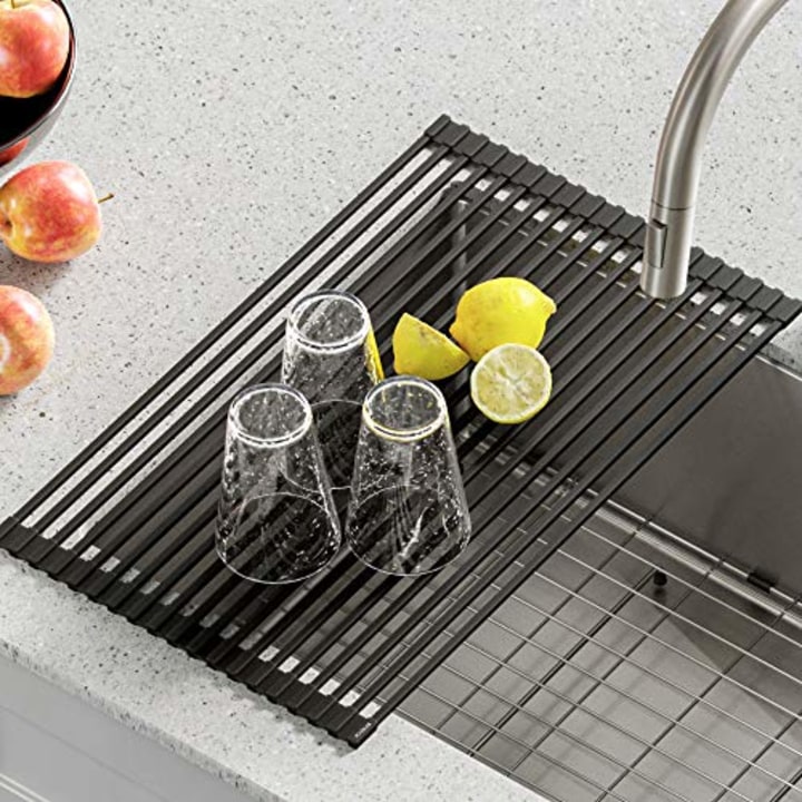 Kraus KRM-10 GREY Silicone-Coated Stainless Steel Over The Sink Multipurpose Roll-Up Dish Drying Rack, Grey