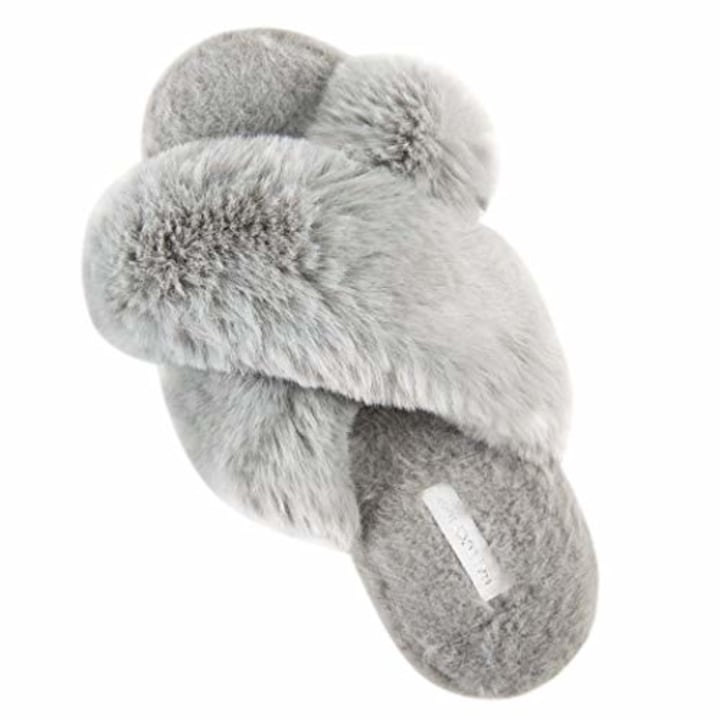 HALLUCI Women&#039;s Cross Band Soft Plush Fleece House Indoor or Outdoor Slippers (Large, Grey)