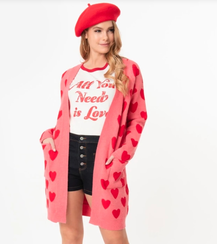 Pink & Red Hearts Open Long Cardigan