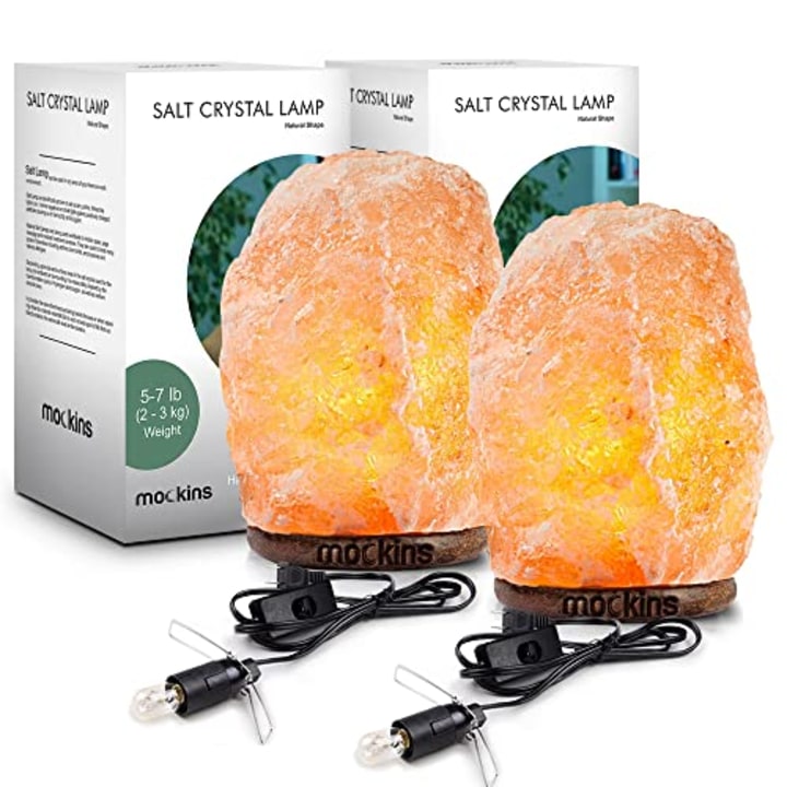 Mockins (2 Pack 6-8&quot; Tall 5-7 lbs Natural Hand Carved Himalayan Salt Lamp with On/Off Switch &amp; Beautiful Wood Base - Includes Light Bulb | Authentic from The Himalayan Mountains in Pakistan