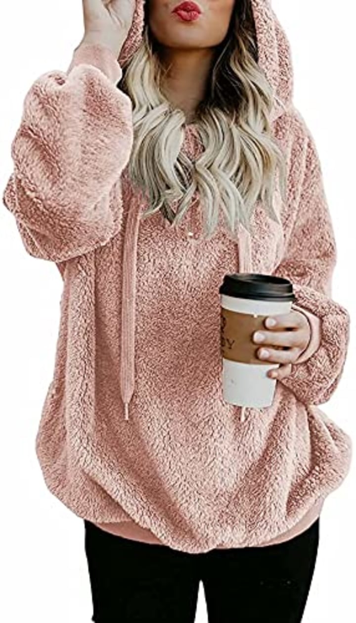 Acelitt Womens Oversized Casual North Face Fleece Fuzzy Fluffy Cozy Heavy Sweatshirts Pullover Hoodies Sweaters Tops Pink Medium