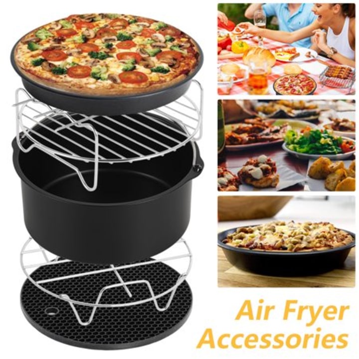 HOTBEST 5 in 1 Air Fryer Accessories Set of 15 Rack Pizza Cake Mat Frying Pan Tray Grill Pot Tools Deep Airn Fryer with Cake Basket Pizza Pan Oven Mitts Skewer Rack