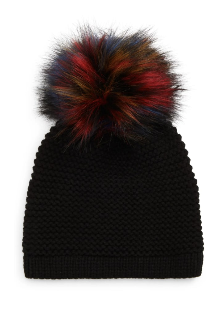 Wool Blend Beanie with Faux Fur Pom