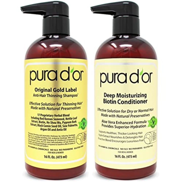 PURA D&#039;OR Biotin Original Gold Label Anti-Thinning (16oz x 2) Shampoo &amp; Conditioner Set, Clinically Tested Effective Solution w/ Herbal DHT Ingredients, All Hair Types, Men &amp; Women (Packaging Varies)