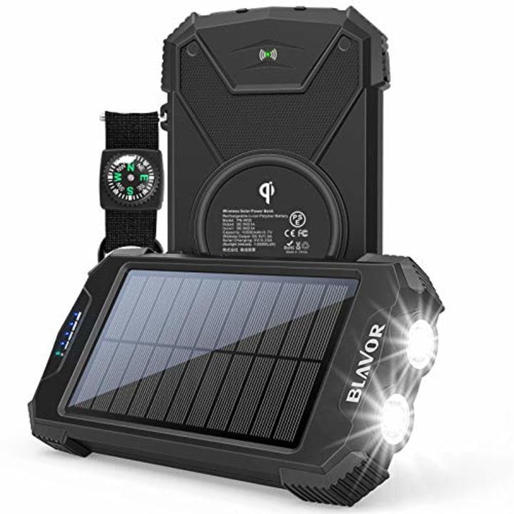 Solar Charger Power Bank, Qi Wireless Charger 10,000mAh External Battery Pack Type C Input Port Dual Flashlight, Compass, Solar Panel Charging (Black)
