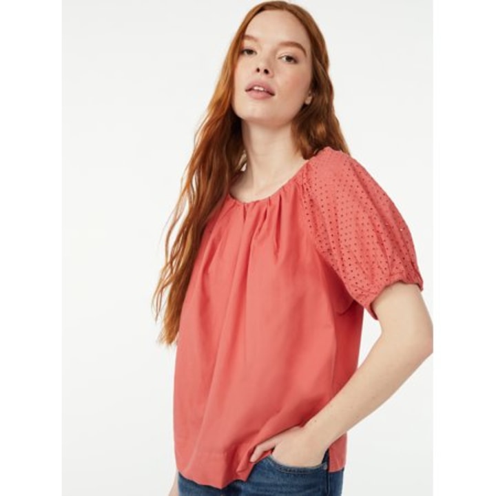 Free Assembly Women&#039;s Pleated Blouson Top with Short Sleeves