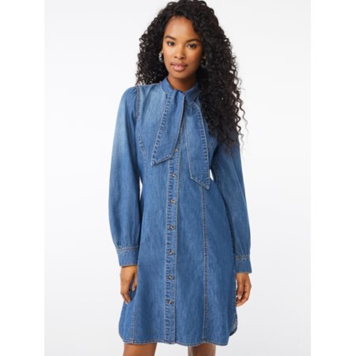 Scoop Women&#039;s Tie-Neck Denim Shirt Dress
