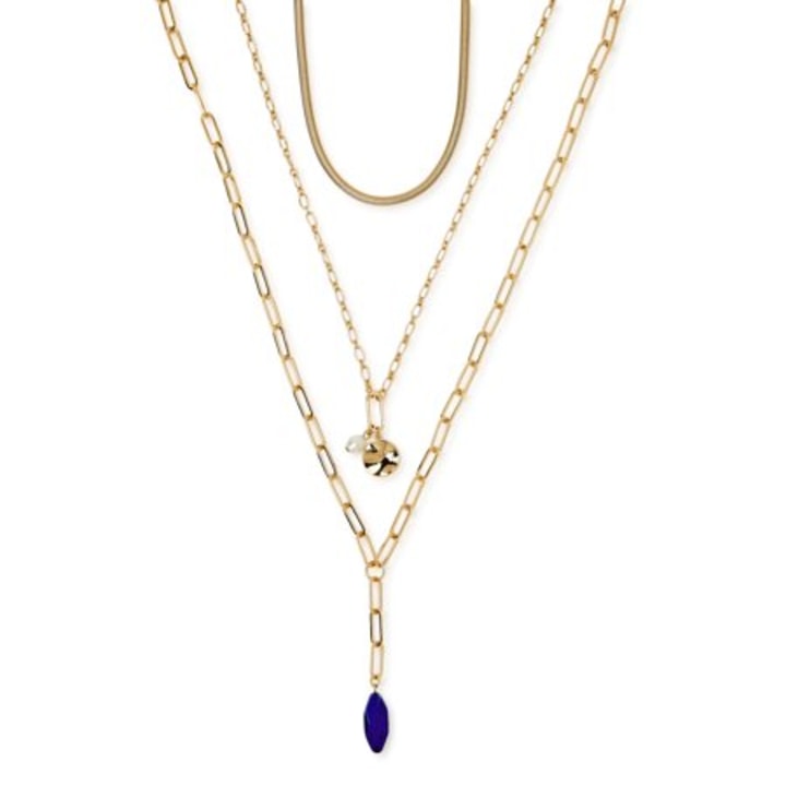 Scoop Women's 14K Gold Flash-Plated Blue Layering Necklaces, 3-Piece Set