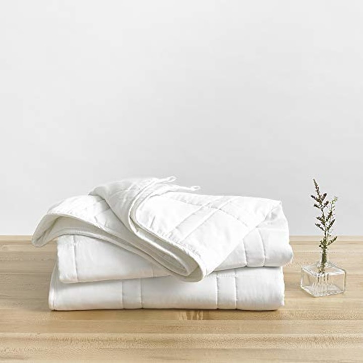 Baloo Weighted Blanket Throw Size - 12 lbs (42x72 inches) - Eco-Luxury Soft Cool Cotton in Pebble White - Lead-Free Glass Beads - Double Quilted Personal Size