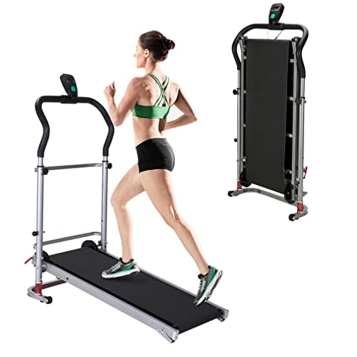 Foldable Treadmills for Small Spaces - Manual Under Desk Treadmill Compact Walking Jogging Machine with LED Display Screen and Shock Absorbing for Home Gym