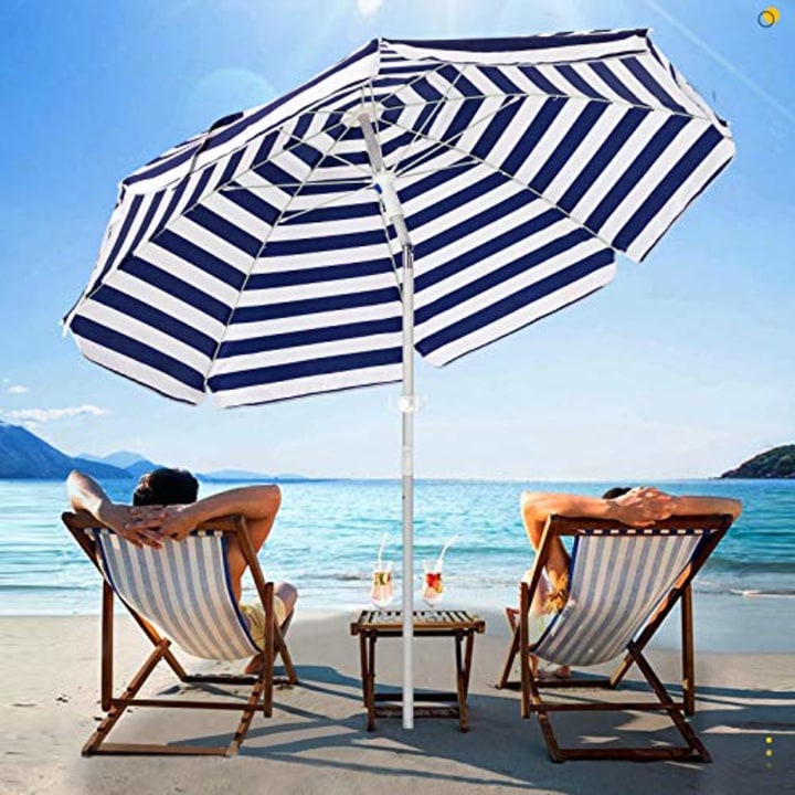 SERWALL 6.5FT Beach Umbrella UV 50+ Outdoor Portable Sunshade Umbrella with Sand Anchor, Push Button Tilt and Carry Bag for Patio Outdoor Garden Beach (Navy-White Stripe)