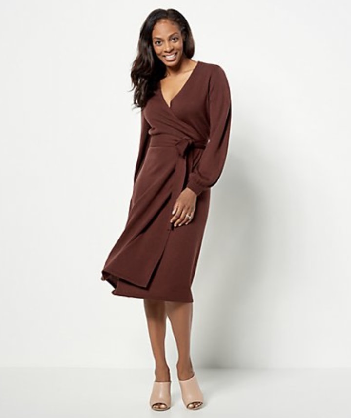 Ribbed Faux Wrap Sweater Dress