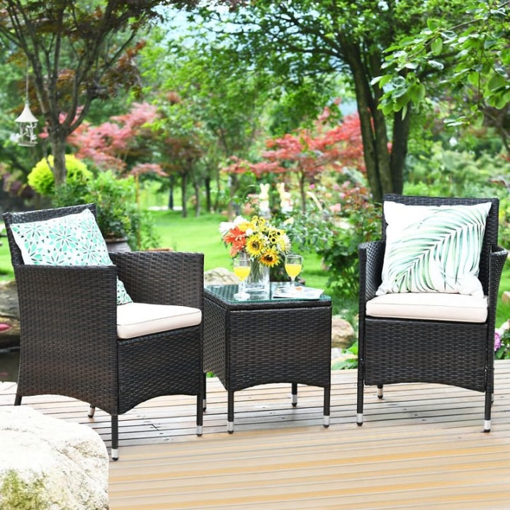 Costway Outdoor 3 PCS PE Rattan Wicker Furniture Sets Chairs Coffee Table Garden