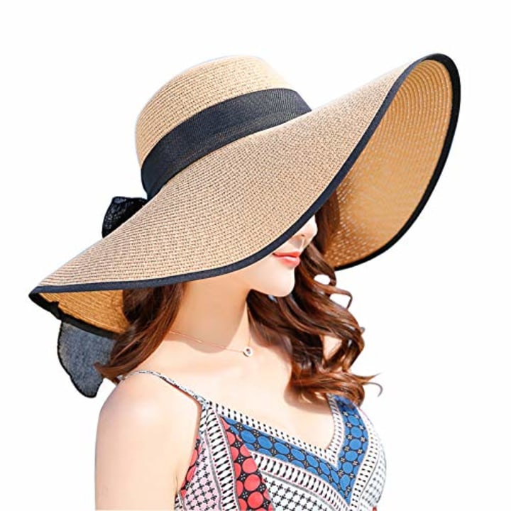 Women&#039;s Folable Floppy Hat,Wide Brim Sun Protection Straw Hat, Summer UV Protection Beach Cap (C1-E-Beige)