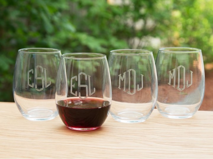 Susquehanna Glass Company Hand Cut Monogram Stemless Wine Glass - Set of 4