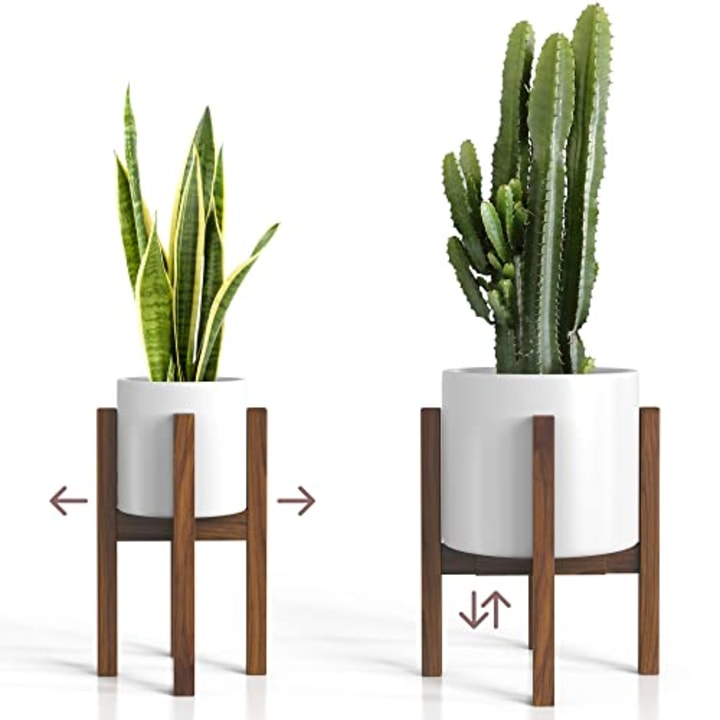 Sophia Mills Mid Century Plant Stand - Solid Wood Modern Indoor Plant Holder - Planter Fits Medium &amp; Large Pots Sizes 8 9 10 11 12 inch (Not Included) (Adjustable Width: 8-12 inches, Dark Brown)