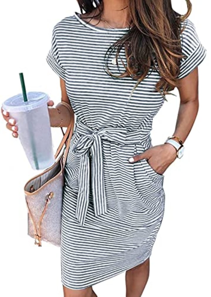 MEROKEETY Women&#039;s Summer Striped Short Sleeve T Shirt Dress Casual Tie Waist with Pockets