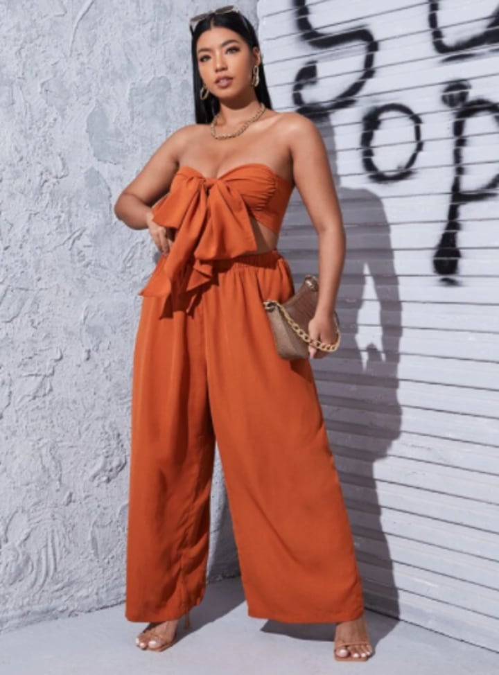 Plus Tie Front Tube Top & Wide Leg Pants