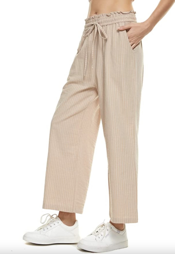High-Waisted Wide-Leg Drawstring Linen Pants with Pockets