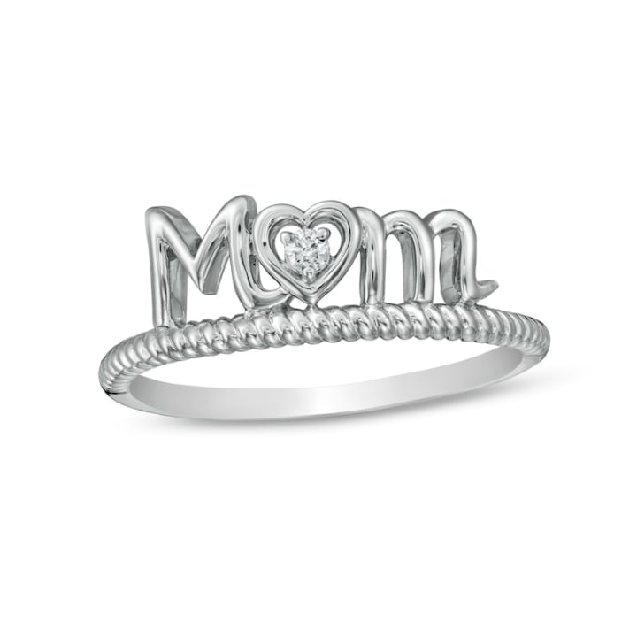 Diamond Accent &quot;Mom&quot; with Heart Twist Ring in Sterling Silver