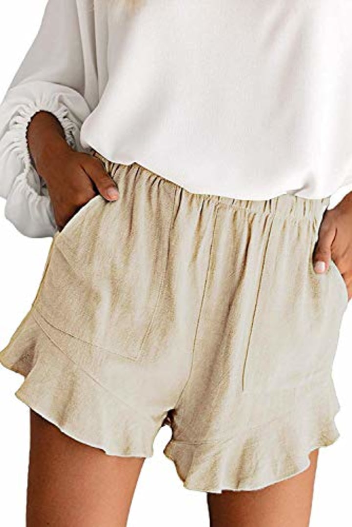Mosucoirl Women Comfy Drawstring Casual Elastic Waist Pure Color Shorts Summer Beach Lightweight Short Pants with Pockets(2 Beige,Small)