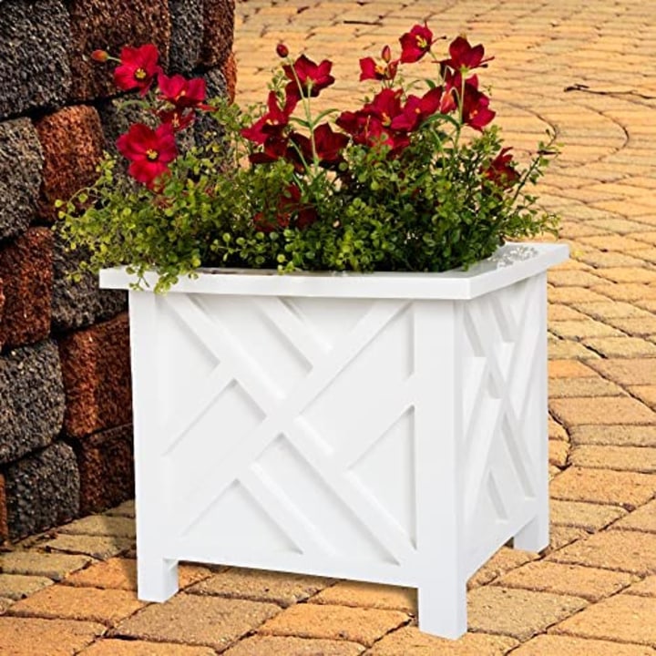 Planter Box - Decorative Outdoor Garden Box for Potted Plants or Flowers - Square Lattice Design - Front Porch and Patio D?cor By Pure Garden (White)