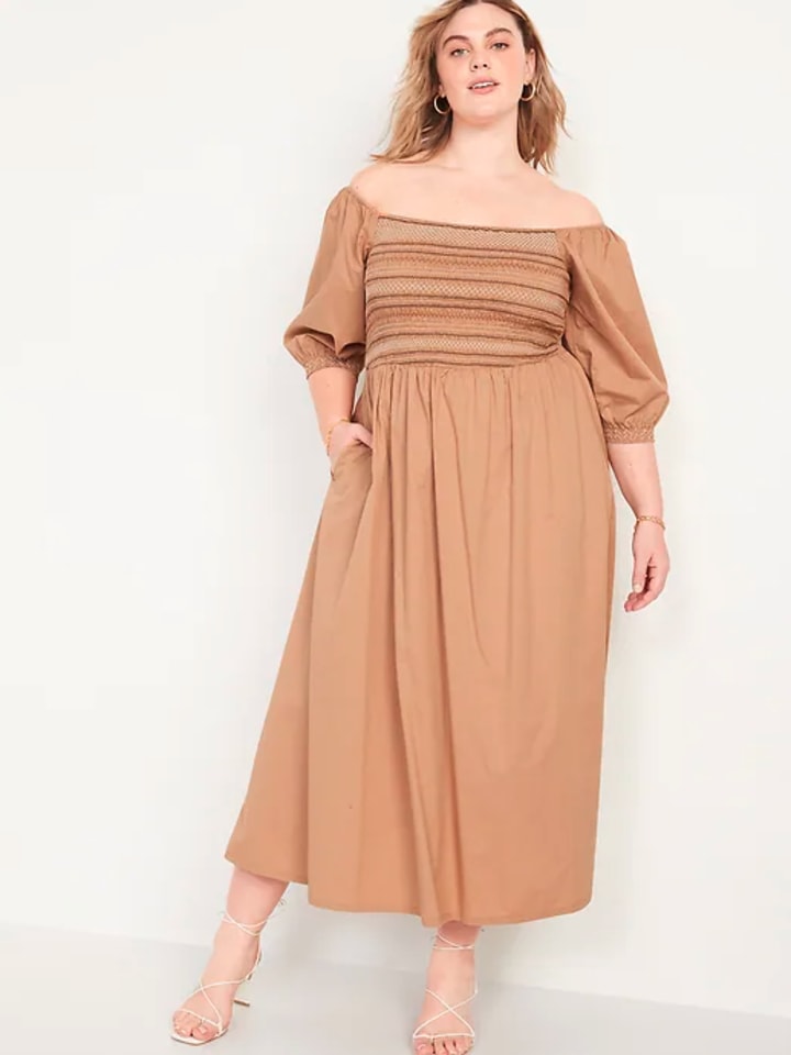 Fit & Flare Cotton-Poplin Smocked Off-the-Shoulder Maxi Dress for Women